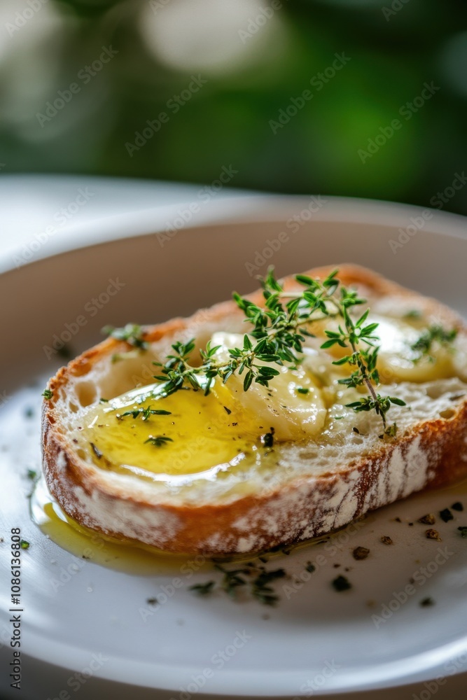 Delicious toast topped with eggs and herbs served on a white plate in a bright setting Delicious toast topped with eggs and herbs served on a white plate in a bright setting