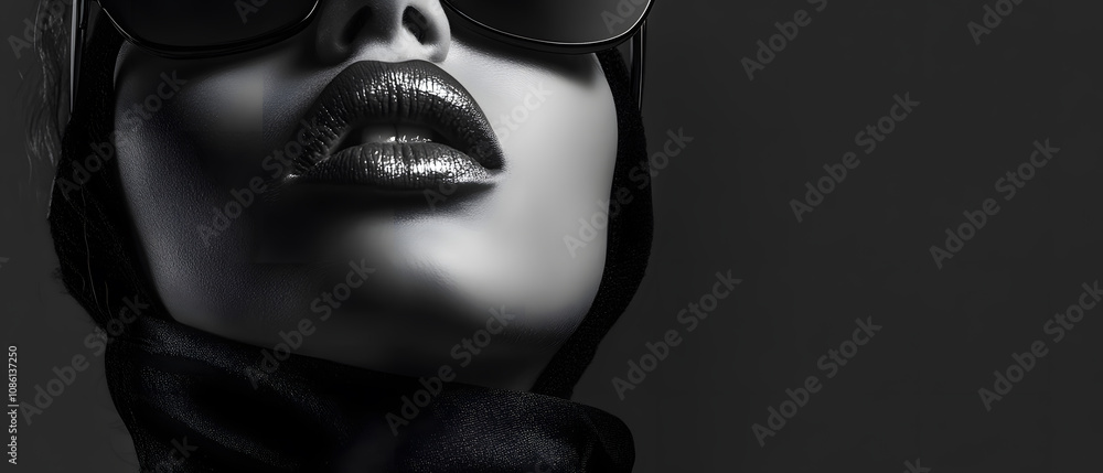 Closeup Monochrome Portrait of a Woman Wearing Sunglasses and Scarf Closeup Monochrome Portrait of a Woman Wearing Sunglasses and Scarf