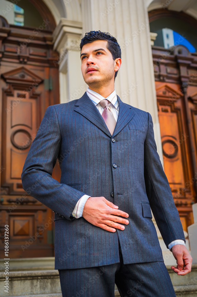 A man in a pinstripe suit stands confidently in front of a grand, wooden doorway, exuding a professional demeanor. His gaze is directed upward, suggesting focus and ambition.