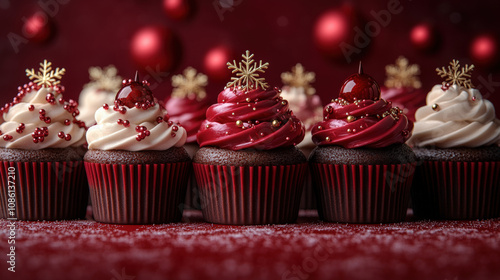 Christmas, New Year. Row cupcakes color red, burgundy simple background, Holiday poster, copy space