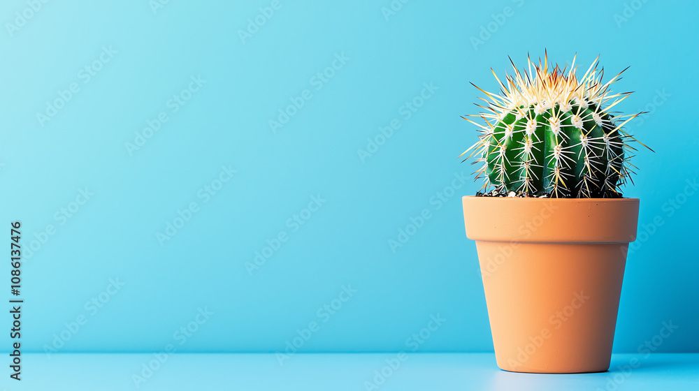 A small potted cactus against a pastel blue background, enhancing its vibrant green and spiky features in a minimalist setting A small potted cactus against a pastel blue background, enhancing its vibrant green and spiky features in a minimalist setting