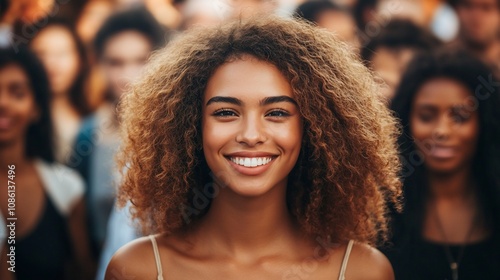 Smiling woman with curly hair stands out in a crowd.