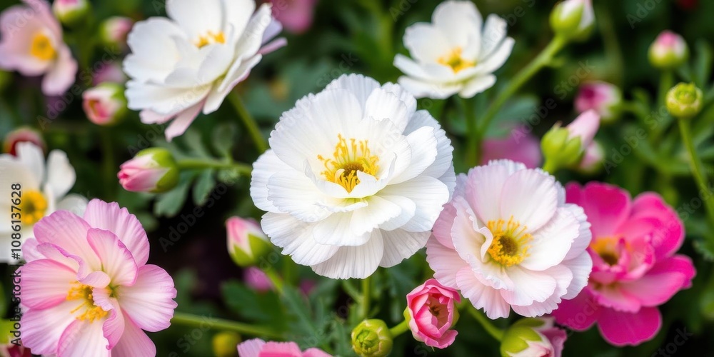 Close-up of beautiful pink and white ranunculus flowers in bloom, petals, romantic Close-up of beautiful pink and white ranunculus flowers in bloom, petals, romantic