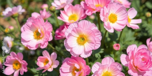 Close-up of pink and white ranunculus flowers in full bloom on a sunny day, blossom, delicate