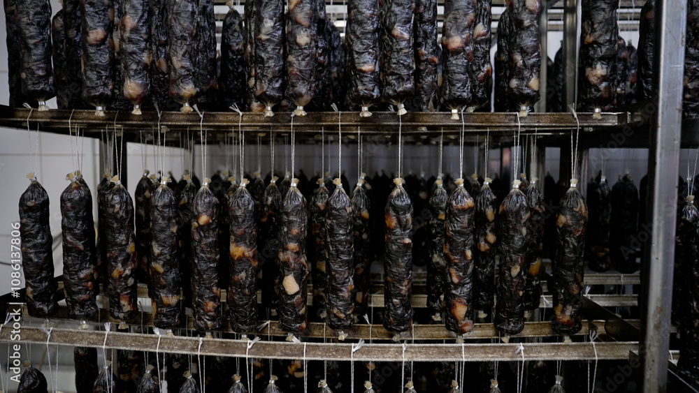 Sausages hang on a rack in a smokehouse. Homemade sausage production. Sausages hang on a rack in a smokehouse. Homemade sausage production.