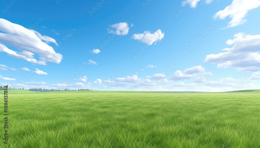 Vast green grass field stretches under sunny blue sky filled with fluffy white clouds. Vast green grass field stretches under sunny blue sky filled with fluffy white clouds.