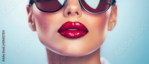 Closeup of Womans Face with Red Lips and Sunglasses