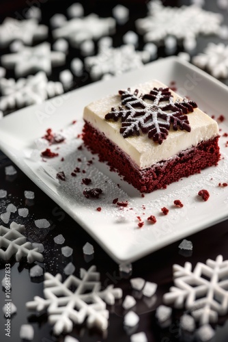 Delicious red velvet cake slice on a festive winter-themed dessert display with snowflakes and decorations