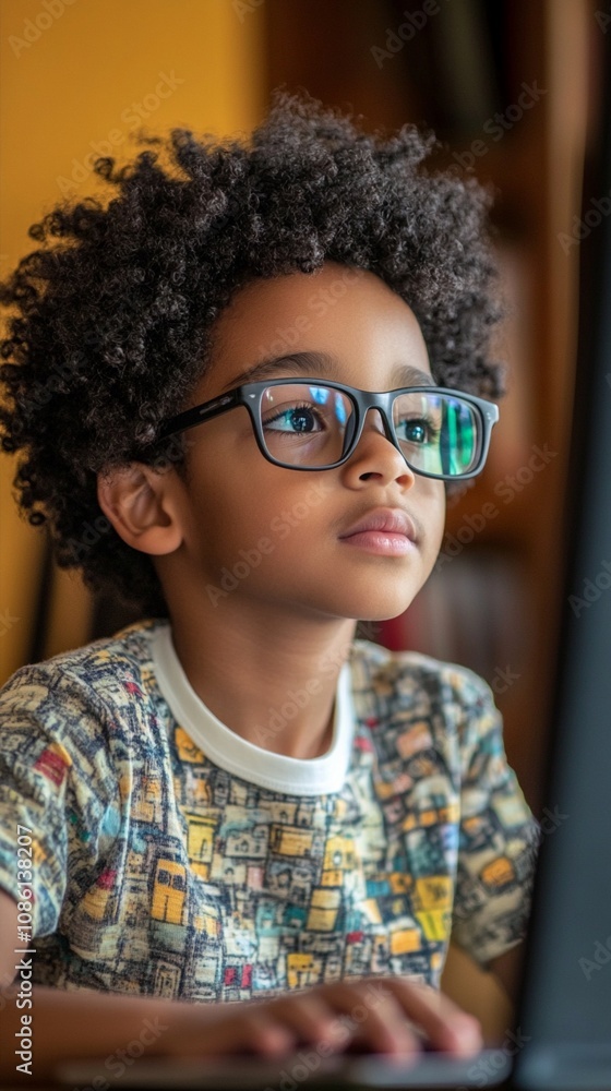 Curious young mind explores digital world: bespectacled child with curly hair gazes intently at computer screen, embodying future of technology and learning. Curious young mind explores digital world: bespectacled child with curly hair gazes intently at computer screen, embodying future of technology and learning.