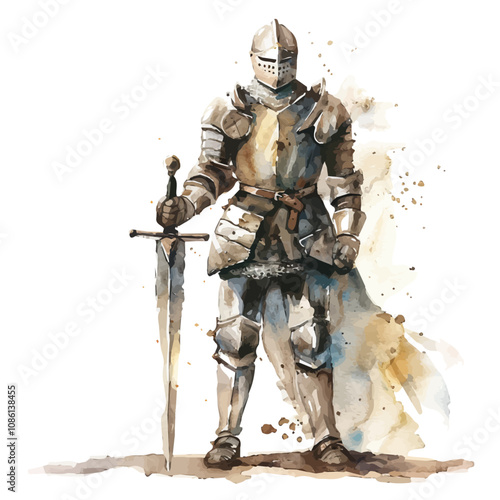 A watercolor painting of a knight in shining armor holding a sword, isolated on a white background. Knight in shining armor vector.