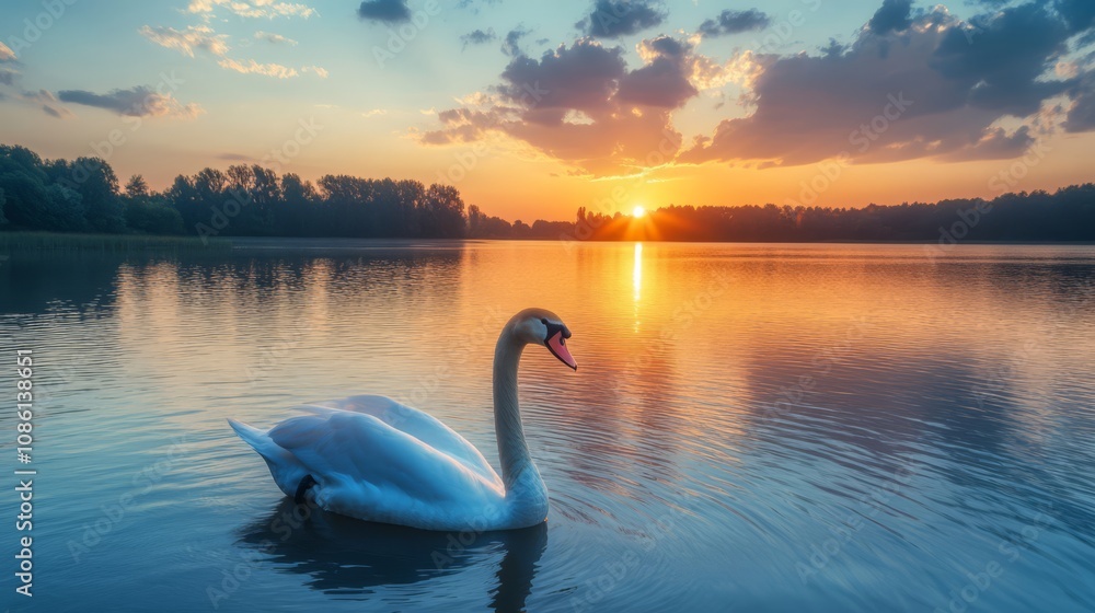 Fototapeta premium A lone white swan swims across a lake at sunset. The water is still and reflects the vibrant colors of the sky.