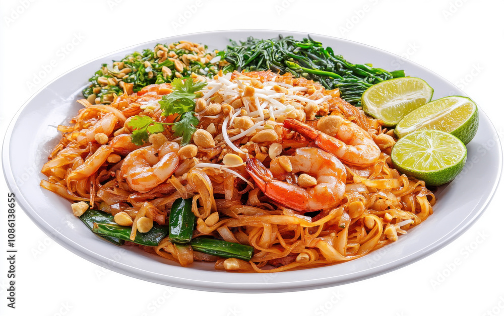 Delicious shrimp pad thai served with lime wedges and fresh herbs at a vibrant restaurant Delicious shrimp pad thai served with lime wedges and fresh herbs at a vibrant restaurant