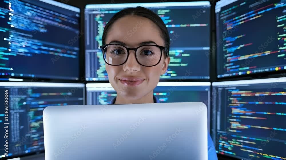 A smiling woman with glasses working on a laptop in front of multiple screens displaying code. A smiling woman with glasses working on a laptop in front of multiple screens displaying code.