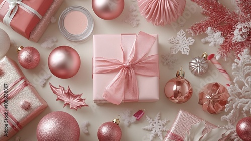 Festive pink Christmas flatlay featuring wrapped gifts, ornaments, and decorations in a soft, feminine palette, creating a dreamy and elegant holiday atmosphere. photo