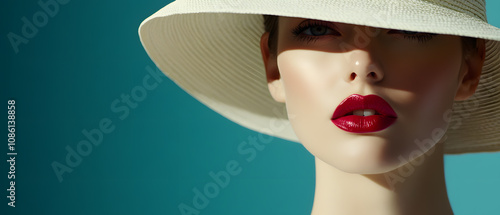 Elegant Woman in White Sun Hat, Red Lips, Teal Background