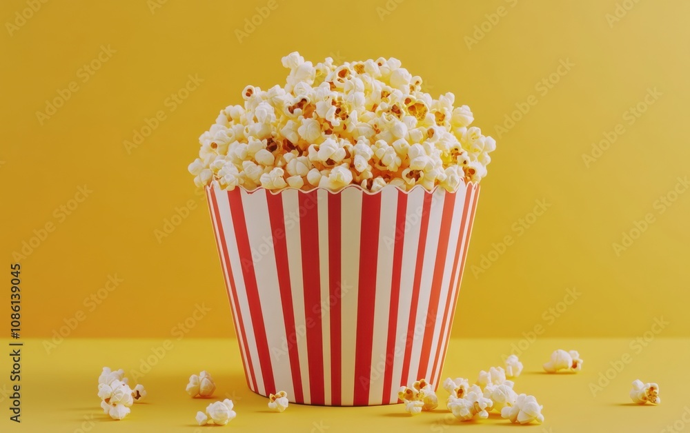 Freshly popped popcorn in a classic striped bucket ready for movie night at home or a cinema event Freshly popped popcorn in a classic striped bucket ready for movie night at home or a cinema event