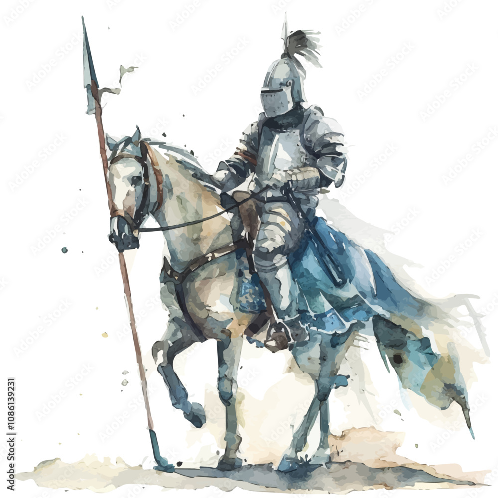 A watercolor painting of a knight with a lance on a horse, isolated on a white background. Knight with a lance on horse vector. A watercolor painting of a knight with a lance on a horse, isolated on a white background. Knight with a lance on horse vector.