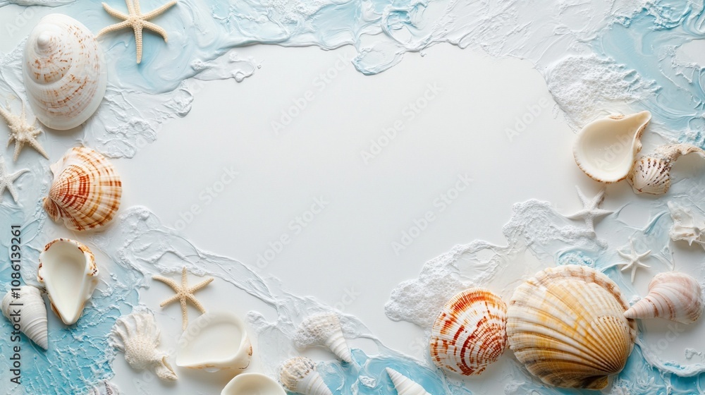 Serene coastal-inspired backdrop with assorted seashells and starfish arranged on textured blue and white surface, perfect for summer themes. Serene coastal-inspired backdrop with assorted seashells and starfish arranged on textured blue and white surface, perfect for summer themes.
