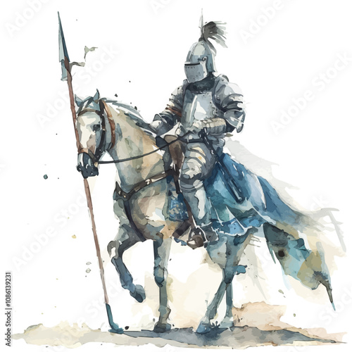 A watercolor painting of a knight with a lance on a horse, isolated on a white background. Knight with a lance on horse vector.