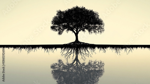 A single, majestic oak tree is depicted, its roots revealed beneath the ground and mirrored in a tranquil body of water photo