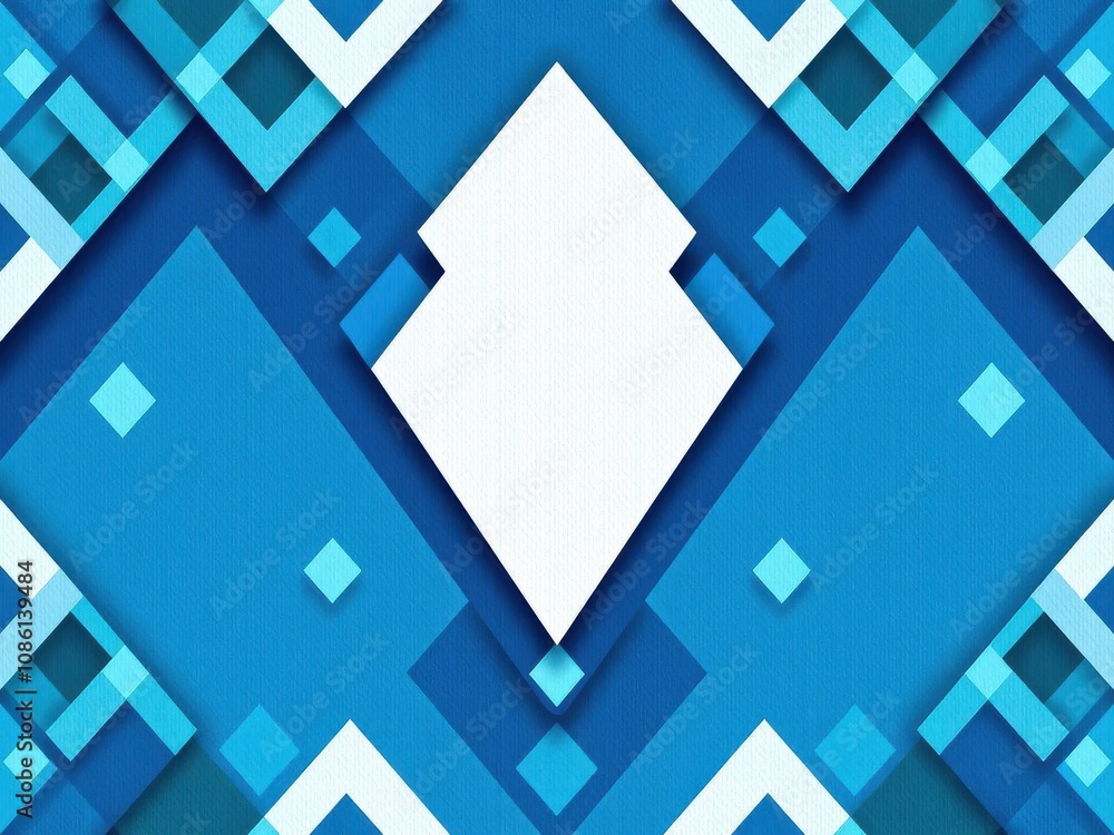 Modern abstract blue background design with layers of textured white material in triangle diamond and squares shapes in random geometric pattern, background, blue Modern abstract blue background design with layers of textured white material in triangle diamond and squares shapes in random geometric pattern, background, blue