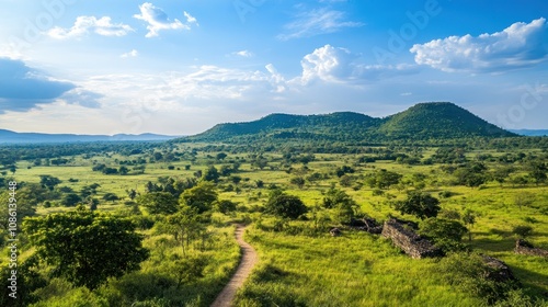 Full view of an ancient Khmer stone castle in Cambodia, surrounded by lush greenery and rolling hills under a vibrant blue sky photo