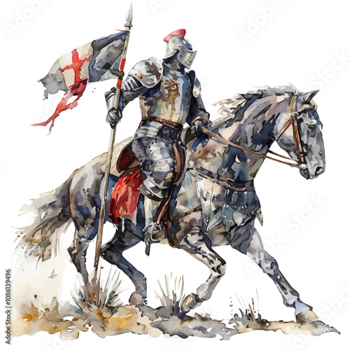 A watercolor vector of a knight with a lance on a horse, isolated on a white background. Knight with a lance on horse vector.