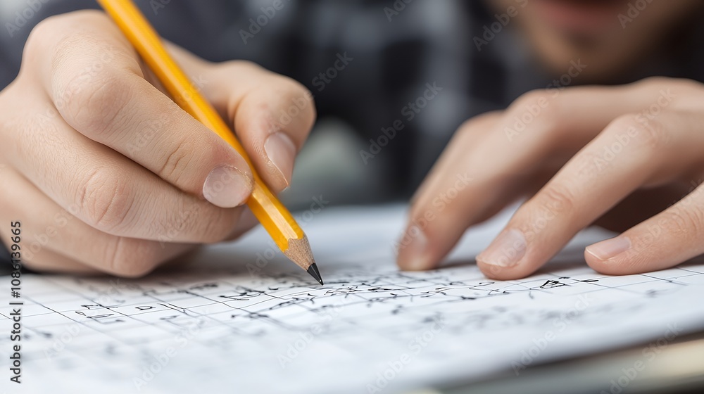A detailed view of a hand holding a pencil, writing mathematical equations on paper, emphasizing focus and precision A detailed view of a hand holding a pencil, writing mathematical equations on paper, emphasizing focus and precision