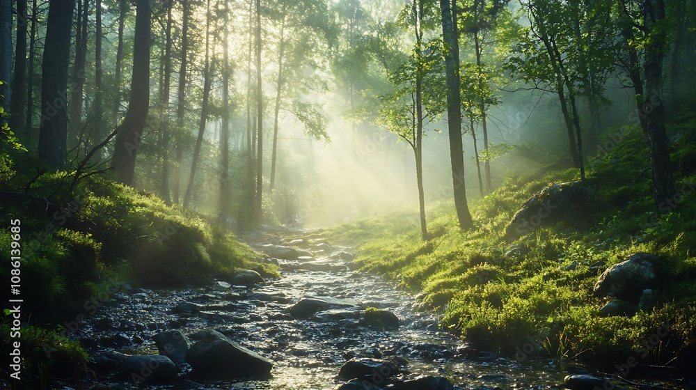 Obraz premium Sunbeams in Misty Forest Stream