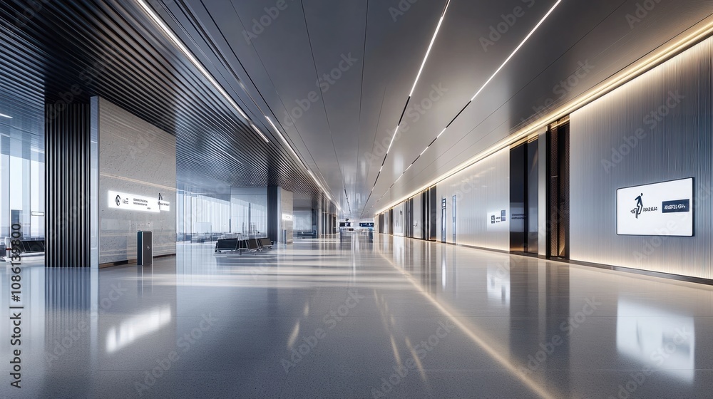 Fototapeta premium Spacious and serene airport entryway, showcasing sleek design, clear signage, and polished floors, conveying a sense of calm and order