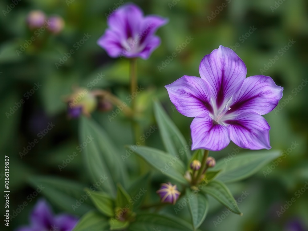 Purple flower petals and leaves in full bloom, showcasing delicate veins and vibrant hues, petals, leaves Purple flower petals and leaves in full bloom, showcasing delicate veins and vibrant hues, petals, leaves
