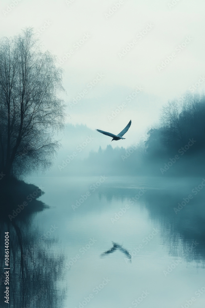 A bird flying over a peaceful landscape, muted blues and neutral tones A bird flying over a peaceful landscape, muted blues and neutral tones