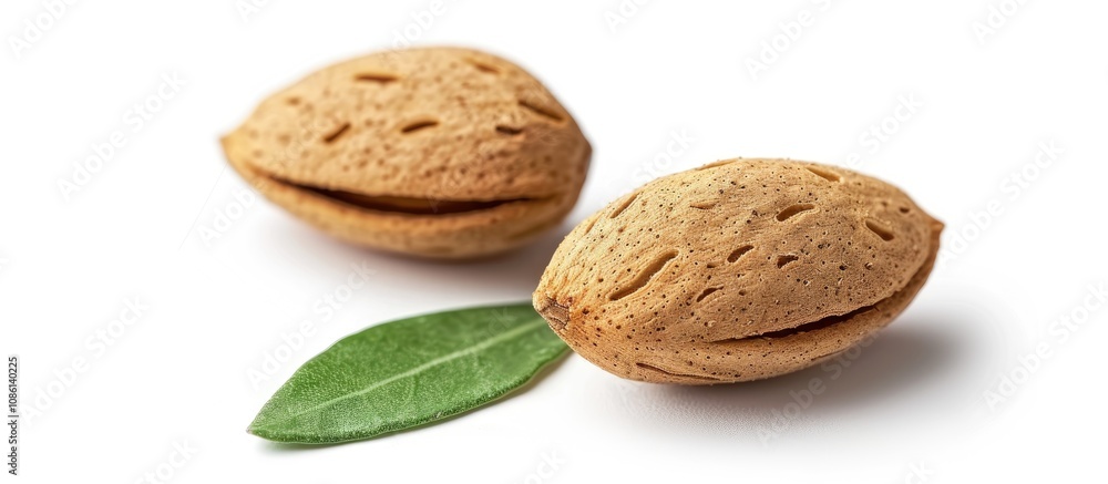 Almonds Isolated with Leaf on White Background Almonds Isolated with Leaf on White Background