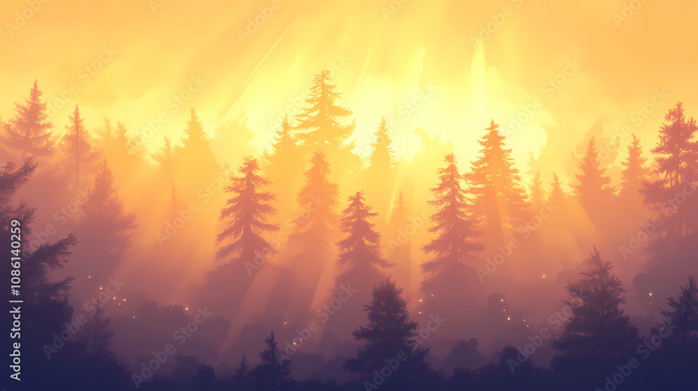 Misty forest bathed sunrise light, foggy, dawn, morning, haze, fog, mistiness, dawning, dawnlight, golden, sunup, rays, sunbeams, glow, bright, glowing. Mystical Forest Glow. Illustration Misty forest bathed sunrise light, foggy, dawn, morning, haze, fog, mistiness, dawning, dawnlight, golden, sunup, rays, sunbeams, glow, bright, glowing. Mystical Forest Glow. Illustration
