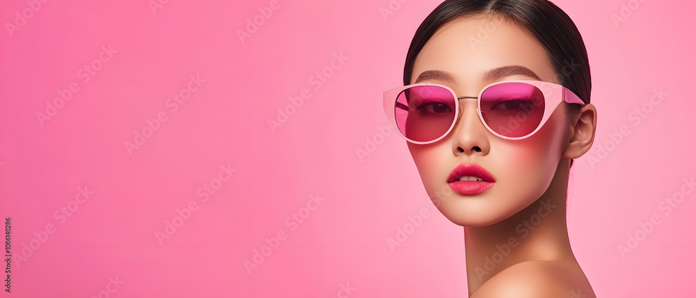 Stylish Woman in Pink Sunglasses on Pink Background Fashion Beauty Portrait Stylish Woman in Pink Sunglasses on Pink Background Fashion Beauty Portrait