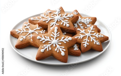 Gingerbread star cookies decorated with white icing snowflakes on a white plate