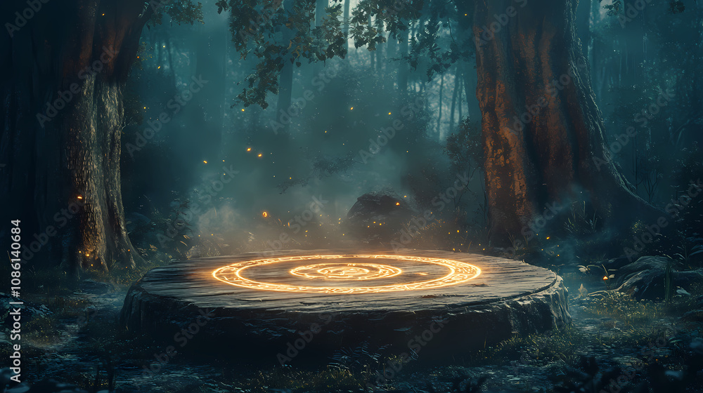A wooden podium in a mystical forest with glowing runes and magical creatures, fantasy, dark tones. Mystical Forest Glow. Illustration A wooden podium in a mystical forest with glowing runes and magical creatures, fantasy, dark tones. Mystical Forest Glow. Illustration