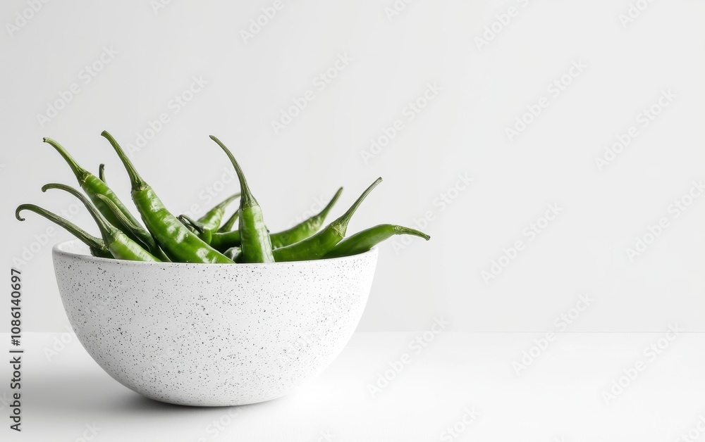 Fresh green chilies arranged in a white bowl on a clean surface Fresh green chilies arranged in a white bowl on a clean surface