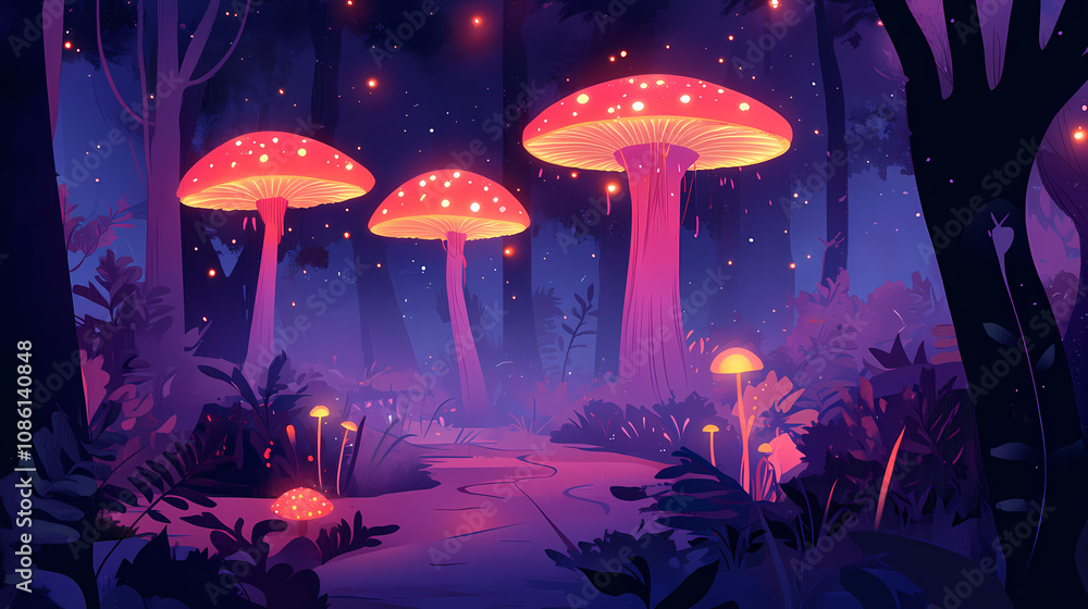 A mystical forest with glowing fungi and mythical creatures, fantasy style, dark and mysterious, soft lighting. Mystical Forest Glow. Illustration A mystical forest with glowing fungi and mythical creatures, fantasy style, dark and mysterious, soft lighting. Mystical Forest Glow. Illustration