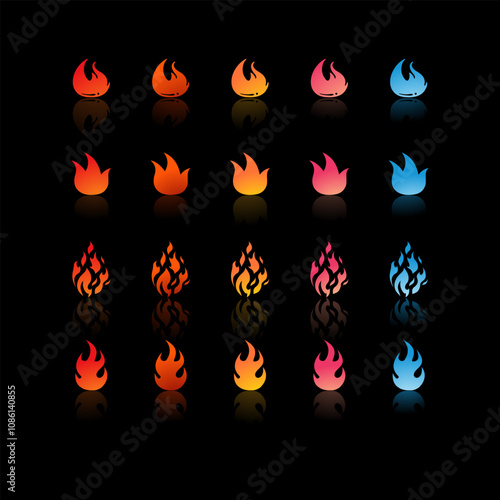 25 fire icons with varying gradients and shapes in colors ranging from red, orange, yellow, pink, to blue for Game Development Elements, Graphic Design, Animation and Video.