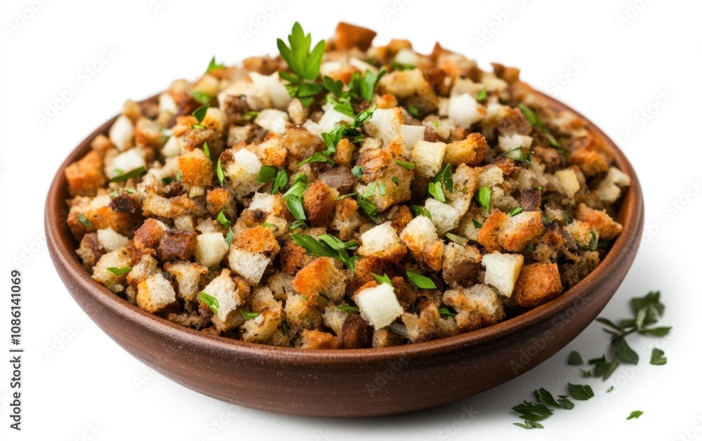 Homemade stuffing in a brown bowl garnished with herbs, ready for Thanksgiving dinner or holiday meal preparation Homemade stuffing in a brown bowl garnished with herbs, ready for Thanksgiving dinner or holiday meal preparation
