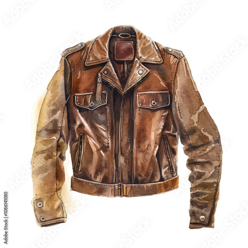 A watercolor of a leather jacket, isolated on a white background. Leather jacket vector.