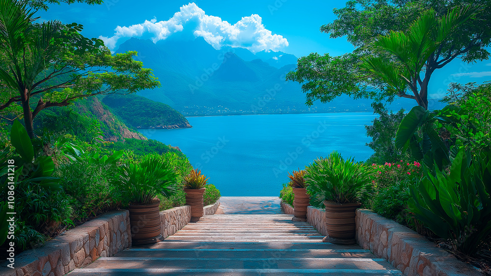 Beachfront resort in Vietnam illustration. Stunning ocean vistas from a luxury hotel, relaxing wallpaper backdrop Beachfront resort in Vietnam illustration. Stunning ocean vistas from a luxury hotel, relaxing wallpaper backdrop