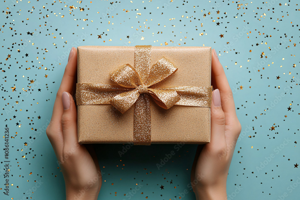 Elegant hands hold a glittery gift box on a soft turquoise backdrop, perfect for holidays, celebrations, invitations, or festive announcements. Elegant hands hold a glittery gift box on a soft turquoise backdrop, perfect for holidays, celebrations, invitations, or festive announcements.