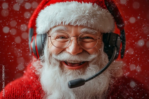  Santa Claus smiling with headset in festive call-center, snowy background, cheerful holiday customer service concept