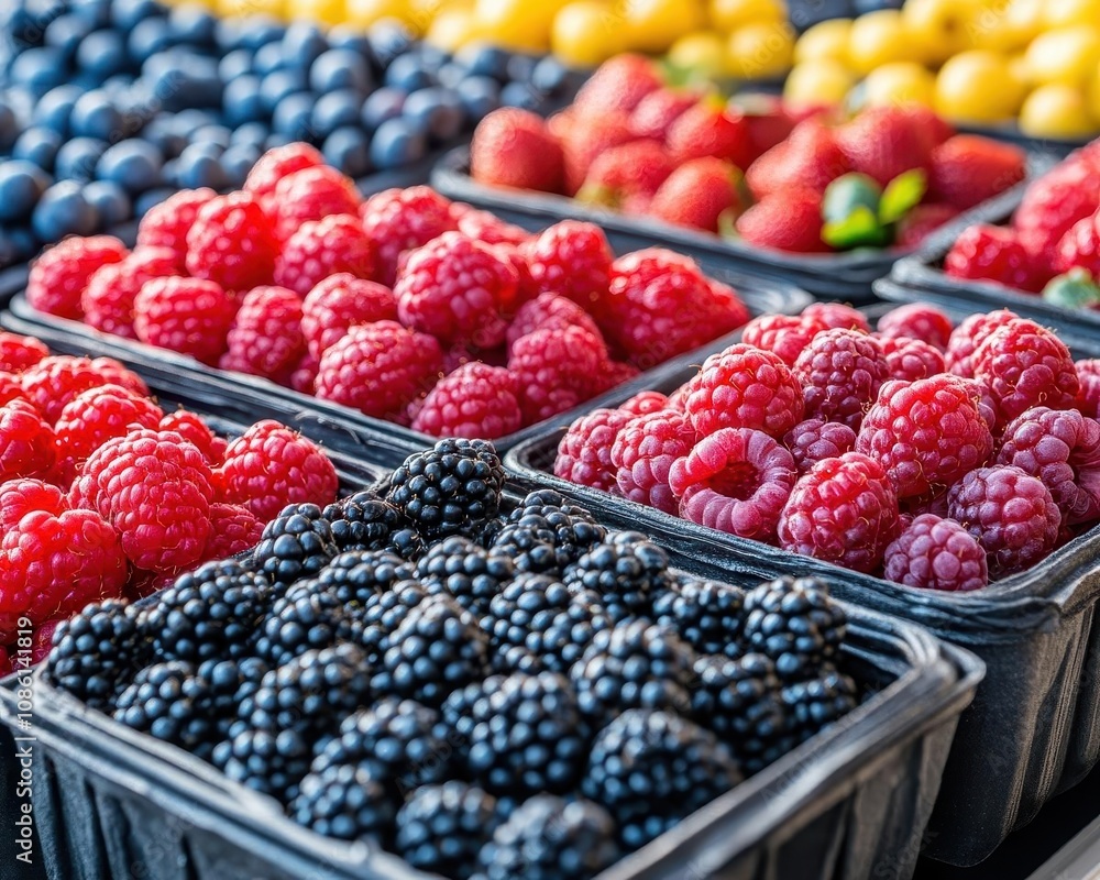 A line of fresh berries moving on a conveyor belt for packaging, Berry Production, Colorful and fresh A line of fresh berries moving on a conveyor belt for packaging, Berry Production, Colorful and fresh