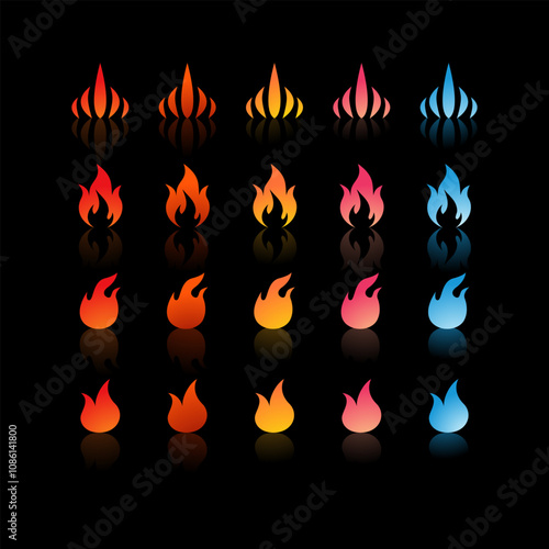 25 fire icons with varying gradients and shapes in colors ranging from red, orange, yellow, pink, to blue for Game Development Elements, Graphic Design, Animation and Video.