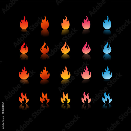 25 fire icons with varying gradients and shapes in colors ranging from red, orange, yellow, pink, to blue for Game Development Elements, Graphic Design, Animation and Video.