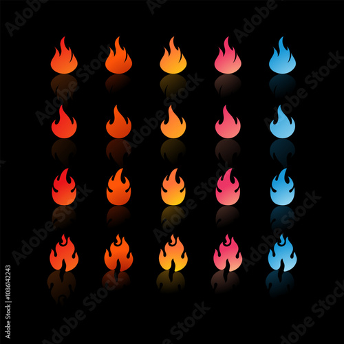 25 fire icons with varying gradients and shapes in colors ranging from red, orange, yellow, pink, to blue for Game Development Elements, Graphic Design, Animation and Video.