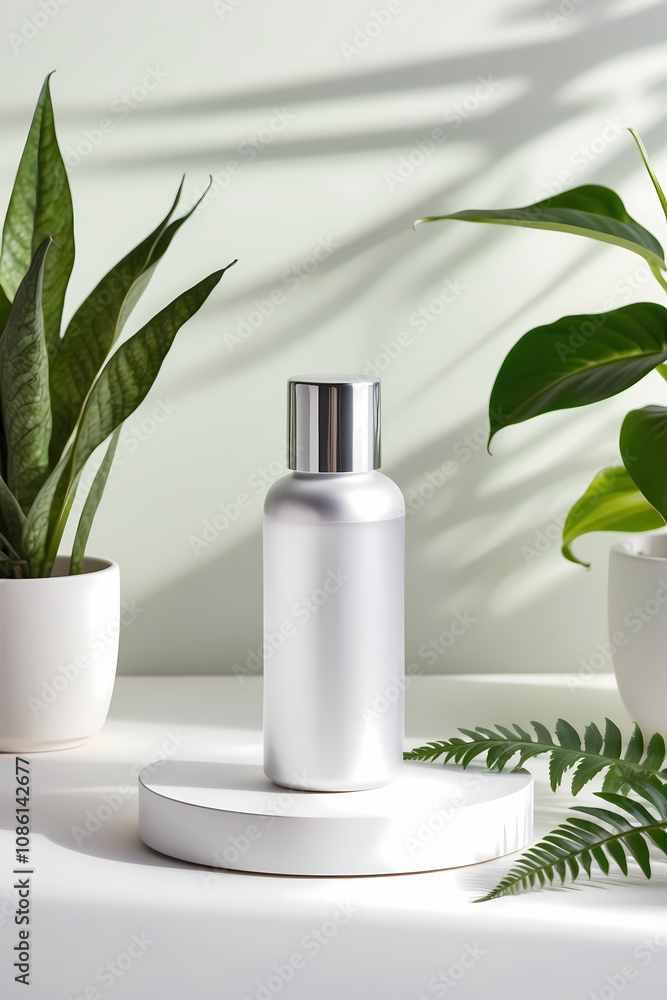 A sleek silver bottle stands on a circular white stand surrounded by lush green plants in a bright indoor setting A sleek silver bottle stands on a circular white stand surrounded by lush green plants in a bright indoor setting